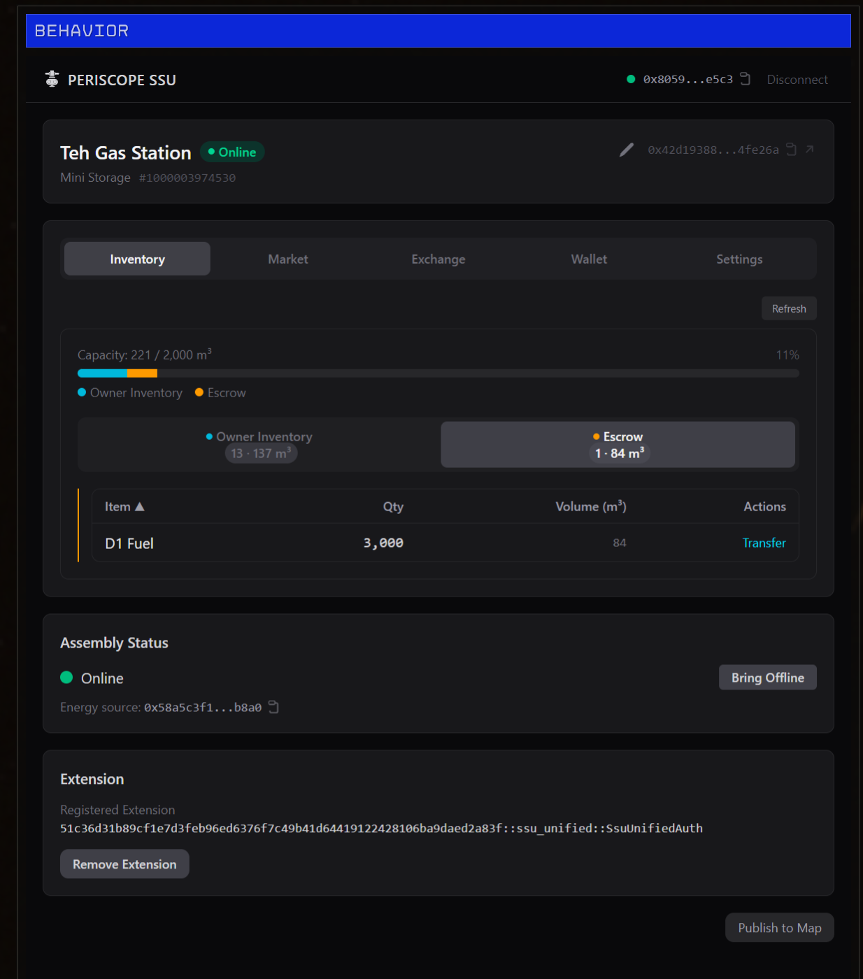 SSU dApp compact view with escrow transfer